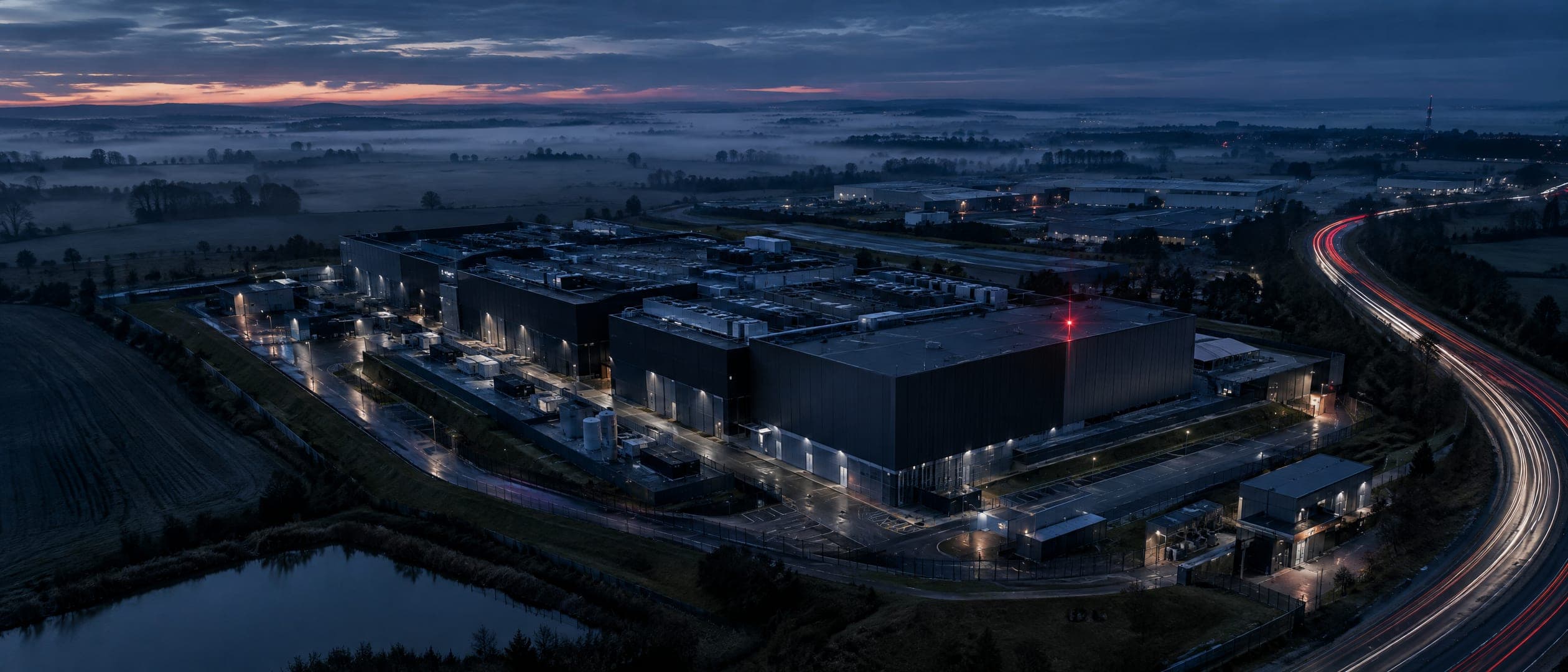 Zone industrielle française au crépuscule avec un centre de données